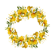 Isolated Of Beautiful Floral Wreath Make With Yellow Iris Flowers And Green Leaves On Transparent Background
