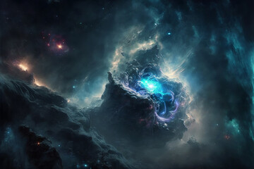 Fototapete - Large view of a colorful dark blue nebula in space. Cosmic background with bright shining stars, galaxies and deep universe. Generative ai