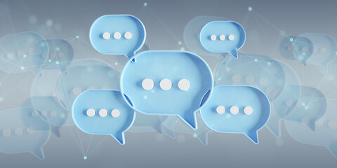 Wall Mural - Minimalist blue and white speech bubbles talk icons floating over grey background. Modern conversation or social media messages with shadow. 3D rendering