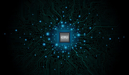 CPU Chip on Motherboard. Central Computer Processors CPU concept. Quantum computer, large data processing, database concept. Futuristic microchip processor. Digital chip.