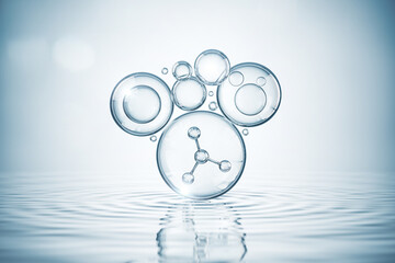 Wall Mural - cosmetic moisturizer water molecule, Cosmetic Essence, Liquid bubble, Molecule inside Liquid Bubble on water background, 3d rendering