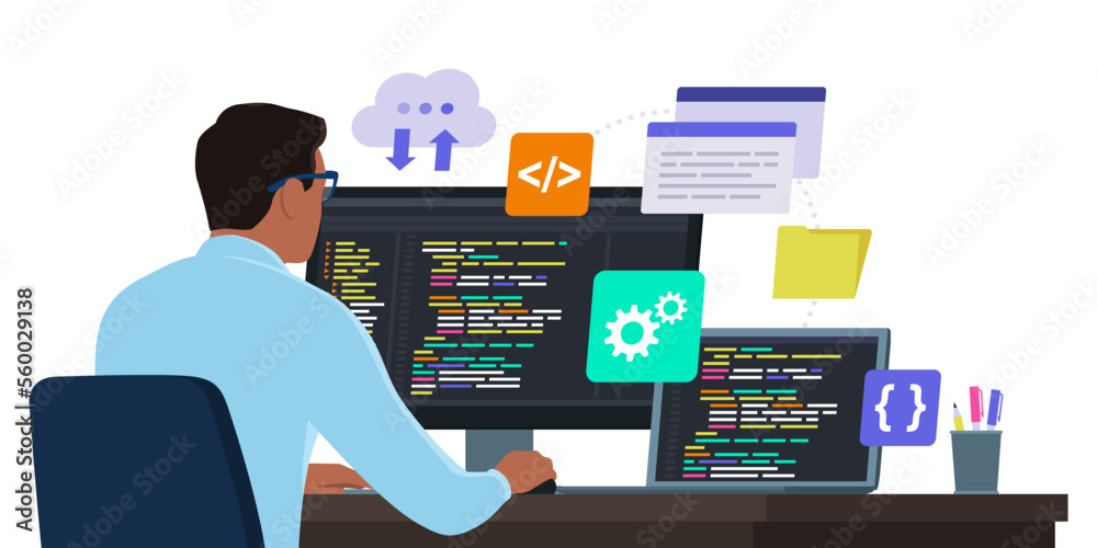 Software developer working with computers Stock Vector | Adobe Stock