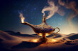 Leinwandbild Motiv magic lamp with genie in the desert at night