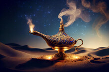Magic Lamp With Genie In The Desert At Night