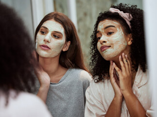 Sticker - Women, home skincare or face mask bonding in house, bathroom or hotel for spa wellness, girls hospitality or healthcare grooming. Friends, people or beauty facial product for luxury wellness cleaning