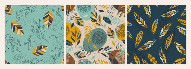 Wall Mural - Set of scandinavian seamless doodle pattern with vintage leaves sketch.  For wrapping paper. Ideal for wallpaper, surface textures, textiles.