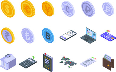 Poster - Currency conversion icons set isometric vector. Exchange payment. Convert coin