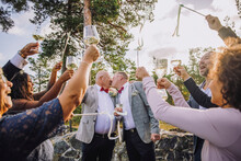 Newlywed Gay Couple Kissing Each Other With Friends And Family Cheering For Them In Wedding