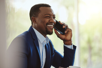 Poster - Phone call, communication and negotiation with a business black man talking while working in corporate. Mobile, networking or management with a male CEO feeling happy while chatting on his smartphone
