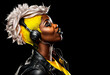 Black woman with yellow hair singing. Generative AI. Copy space.