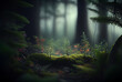 A dense misty forest with ferns and wildflowers, showcasing the mystical beauty of nature. AI Assisted Image