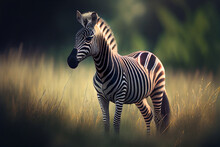 Zebra In Natural Grassland, Surrounded By Long Grass. AI-Assisted Image.