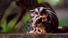 The Sugar Glider (Petaurus Breviceps) Is A Small, Omnivorous, Arboreal, And Nocturnal. Sugar Glider Eating Worms On A Wooden Plank In The Yard.
