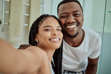 Poster - Selfie, smile and portrait of an African couple with love, home memory and happy in marriage. Smile, happiness and black man and woman with a content photo together in the living room with peace