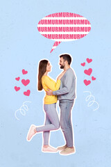 Sticker - Collage photo banner celebrating cute lovely pair people embrace girl hands chest boyfriend touch waist talk their family isolated on blue background