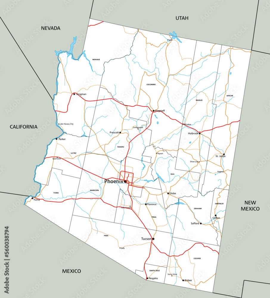 High detailed Arizona road map with labeling.