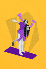 Wall Mural - Vertical collage picture of two excited positive black white effect people piggyback rejoice drawing hearts isolated on yellow background