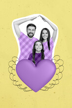 Vertical Collage Image Of Three Positive People Arms Showing Roof Gesture Big Purple Heart Isolated On Painted Background