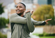© S Fanti/peopleimages.com - Fitness, stretching and black man in park for workout, training or running motivation, energy and sports mindset. Warmup, exercise and runner thinking of cardio, outdoor run goals and muscle health