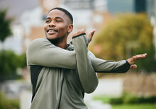 Fitness, Stretching And Black Man In Park For Workout, Training Or Running Motivation, Energy And Sports Mindset. Warmup, Exercise And Runner Thinking Of Cardio, Outdoor Run Goals And Muscle Health