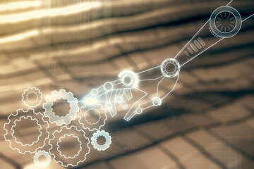 Aufkleber - Double exposure of abstract virtual robotics technology hologram on blurry metal background. Research and development software concept