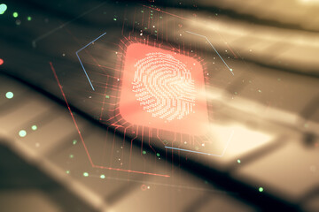 Aufkleber - Multi exposure of virtual creative fingerprint hologram on blurry metal background, personal biometric data concept