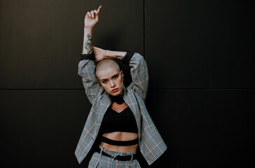 Wall Mural - Image of a beautiful woman with bald shaved hair