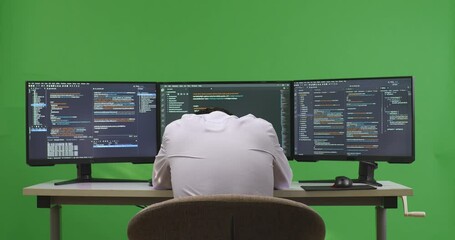 Back View Of Tired Asian Man Developer Sleeping While Write Code With Multiple Computer Screens In Green Screen Studio
