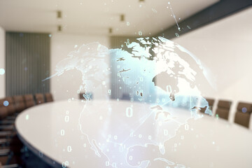 Poster - Multi exposure of abstract graphic coding sketch and world map on a modern furnished classroom background, big data and networking concept