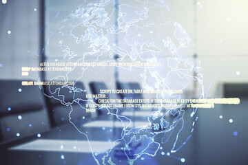 Poster - multi exposure of abstract graphic coding sketch and world map on a modern furnished classroom backg