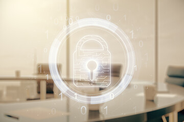Poster - Virtual creative lock illustration with microcircuit on a modern coworking room background, cyber security concept. Multiexposure