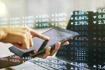 Poster - Abstract creative analytics data spreadsheet with finger clicks on a digital tablet on background, analytics and analysis concept. Multiexposure