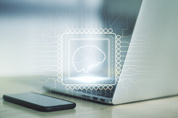 Poster - Creative artificial Intelligence concept with human brain hologram on modern laptop background. Multiexposure