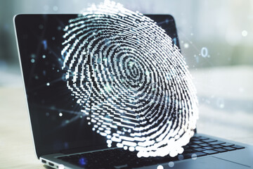 Aufkleber - Multi exposure of abstract creative fingerprint illustration on modern laptop background, digital access concept