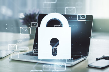 Poster - Creative lock sketch with email symbols hologram on modern laptop background, protection of personal data concept. Multiexposure