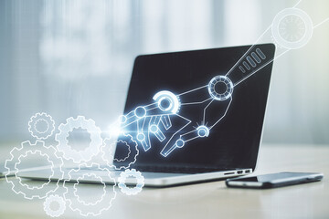 Aufkleber - Creative abstract robotics technology sketch on modern laptop background, future technology and AI concept. Double exposure