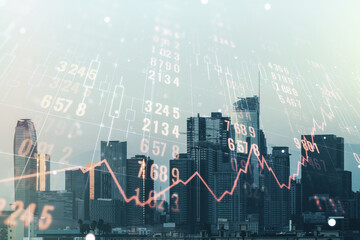Poster - Multi exposure of abstract virtual graphic data spreadsheet sketch on Los Angeles cityscape background, analytics and analysis concept