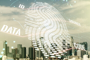 Poster - Multi exposure of virtual creative fingerprint hologram on Los Angeles skyscrapers background, personal biometric data concept