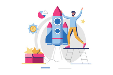 Aufkleber - Business startup concept with people scene in flat design. Entrepreneur launches, invests and develop project, analysis and optimizes strategy. Vector illustration with character situation for web