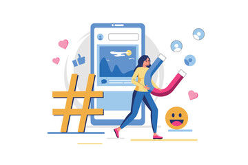 Aufkleber - Social marketing concept with people scene in flat design. Woman with magnet works as marketer, creates posts and advertisement, promotes online. Vector illustration with character situation for web