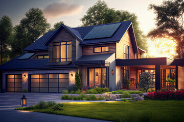 Modern house with solar panels on the roof. End of the day, sunset. Idyllic atmosphere. House with solar cells, home lighting powered by solar energy.