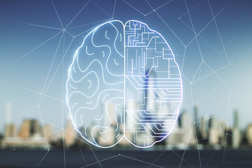 Poster - Double exposure of creative artificial Intelligence interface on blurry cityscape background. Neural networks and machine learning concept