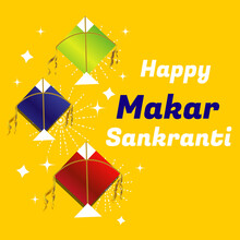 Happy Makar Sankranti With Kites Tinkle Stars Decoration In Yellow Background