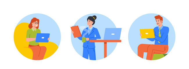 Wall Mural - Remote Workplace Isolated Round Icons or Avatars. Men and Women Freelancers Characters Working on Computers