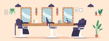 Barber Shop Empty Salon Interior With Chairs, Mirror, Cosmetics And Tools Or Equipment For Shaving On Desk, Barbershop