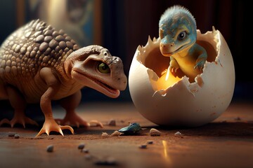 ฺBaby dinosaur hatching from an egg. digital illustration generative AI