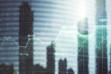 Poster - Multi exposure of creative statistics data hologram on modern skyscrapers background, stats and analytics concept