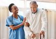 © C Davids/peopleimages.com - Help, support and medical with nurse and old man and cane for retirement, rehabilitation or healing. Empathy, physical therapy and healthcare with patient and walking stick in caregiver nursing home