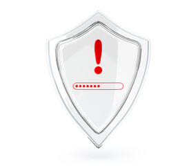 Poster - Glass shield with red exclamation sign isolated on white background 3d render. Anti spam protection, hacker ddos attack, program error. Concept of cyber security, data privacy protect. 3D illustration