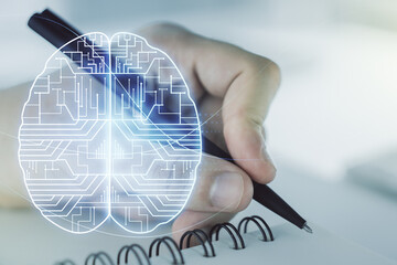 Poster - Double exposure of creative human brain microcircuit with man hand writing in notepad on background. Future technology and AI concept